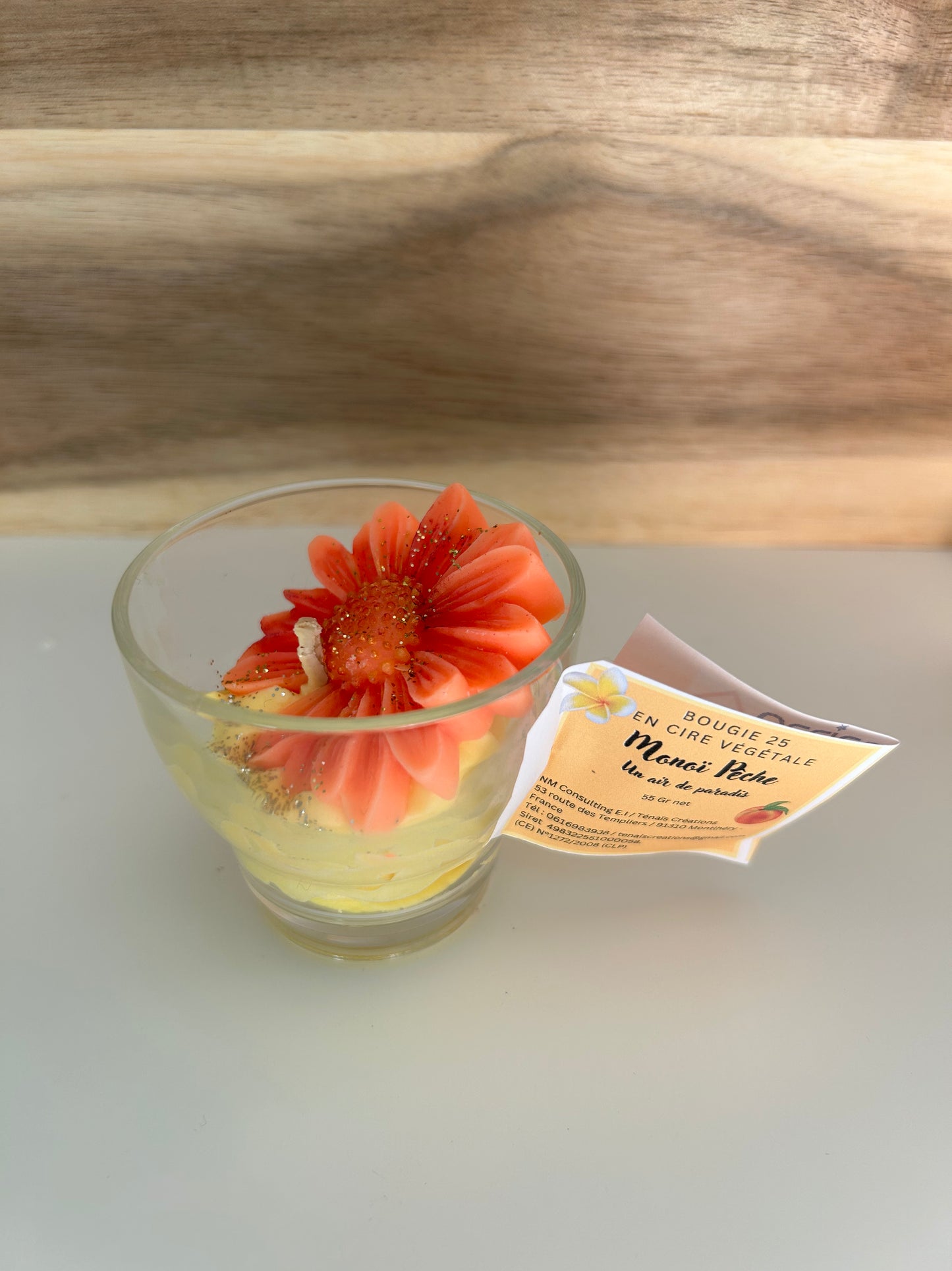 Bougie Parfumée MONOÏ PÊCHE – Cire d'Olive Naturelle Senteur Exotique | Fait Main